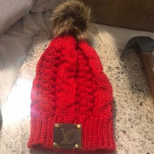 New upcycled LV pompom hat